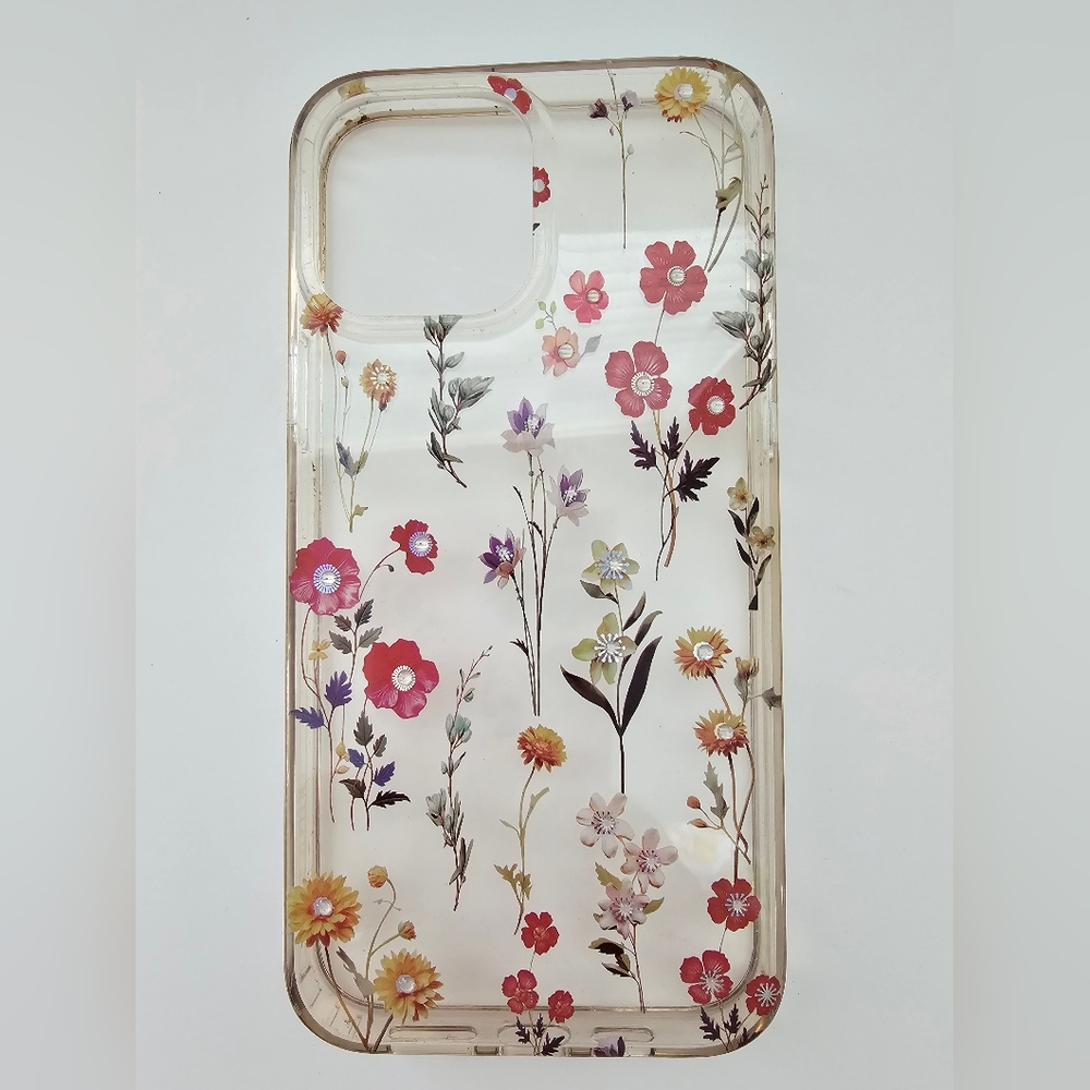 iPhone 13 Clear Floral Case - Wildflower Print with Crystal Accents